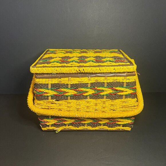Vintage Sears Yellow & Brown Woven Wicker Hinged Lid Sewing Basket Box w/ Handle - Picture 5 of 11